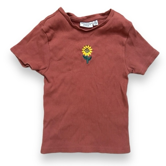 Mighty Fine Sunflower Embroidered Short Sleeve Ribbed Baby Tee Womens Size Small - Picture 1 of 13